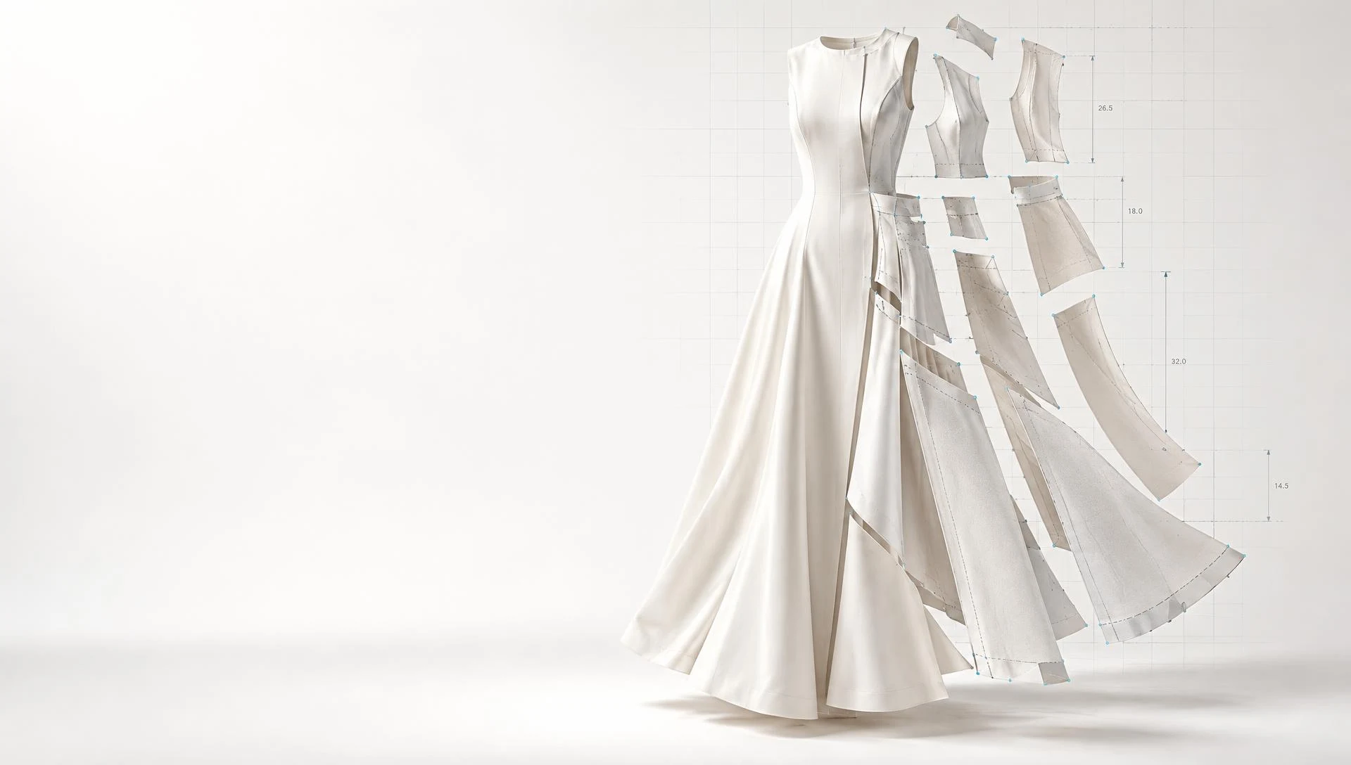 A sculptural ivory dress transforming into precise digital sewing pattern pieces